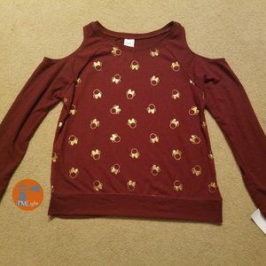 Disney Minnie Mouse Top Large New Burgundy Long Sleeve Peek-a-boo shoulders